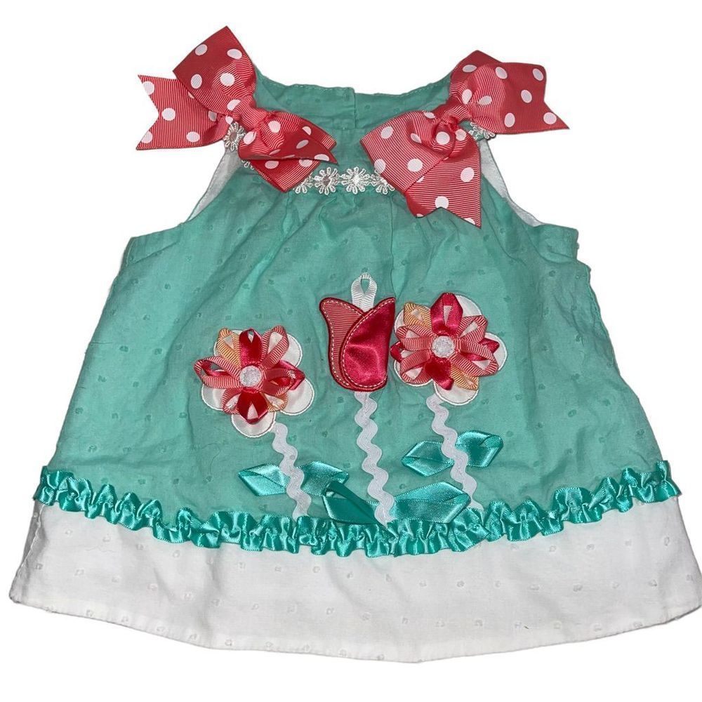 Rare Editions Mint Green, Pink & Coral Top with Appliqué Flowers - Size 3-6 mont